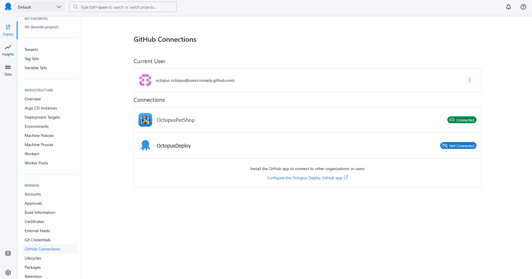 Screenshot of Octopus Deploy GitHub Connections screen showing OctopusPetShop organization connected and OctopusDeploy organization not connected
