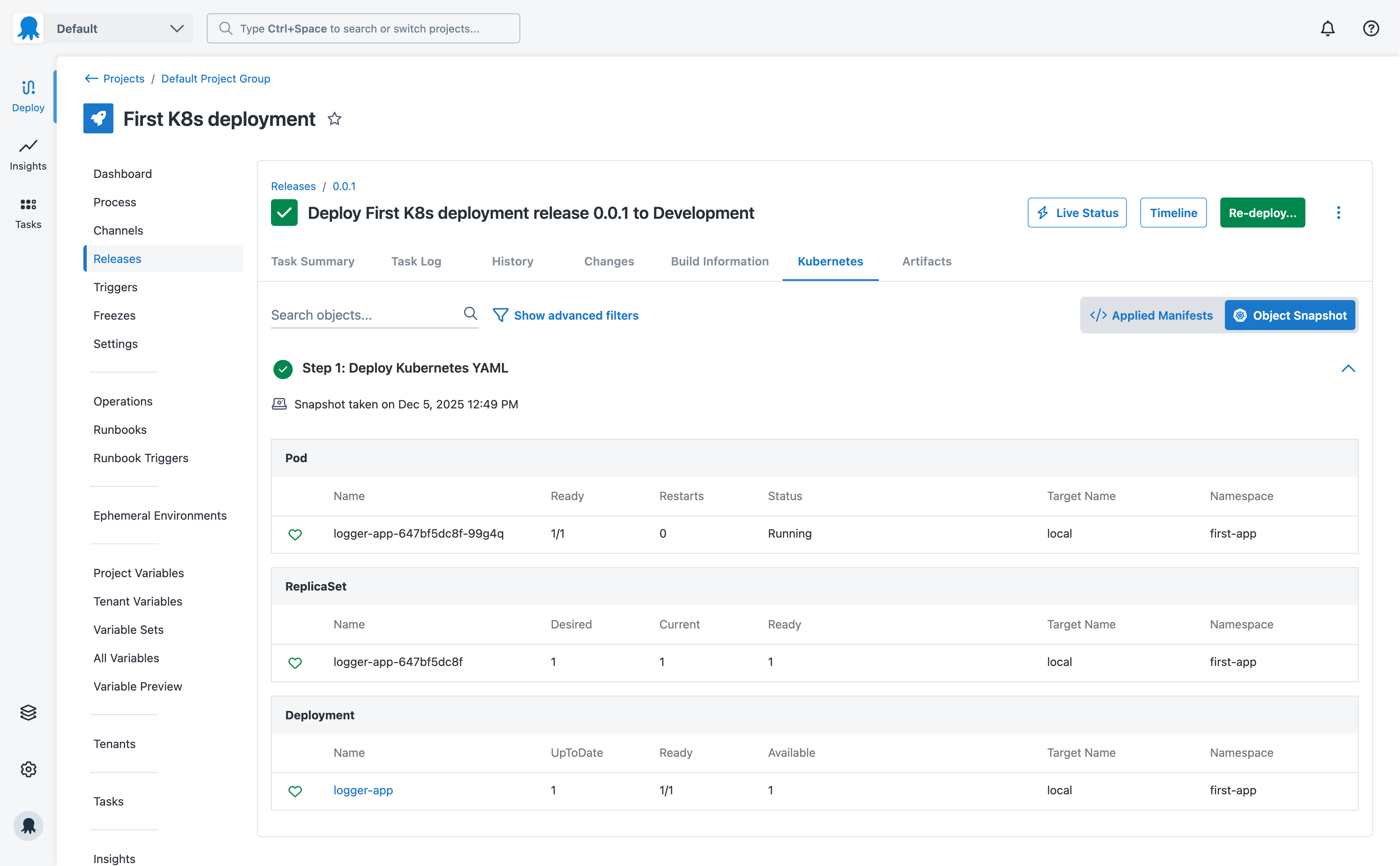 Object Status dashboard showing a successful deployment