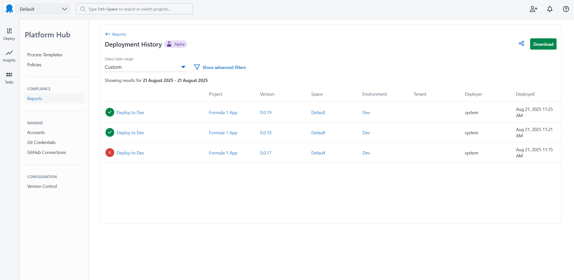 The deployment history report showing deployments for the selected date range and filters