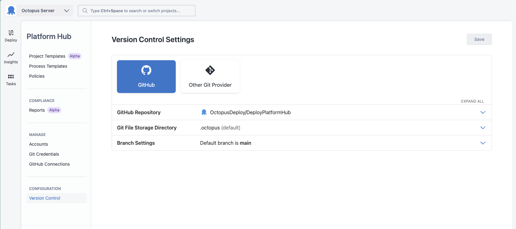 Version control configuration in Platform Hub using a GitHub App Connection