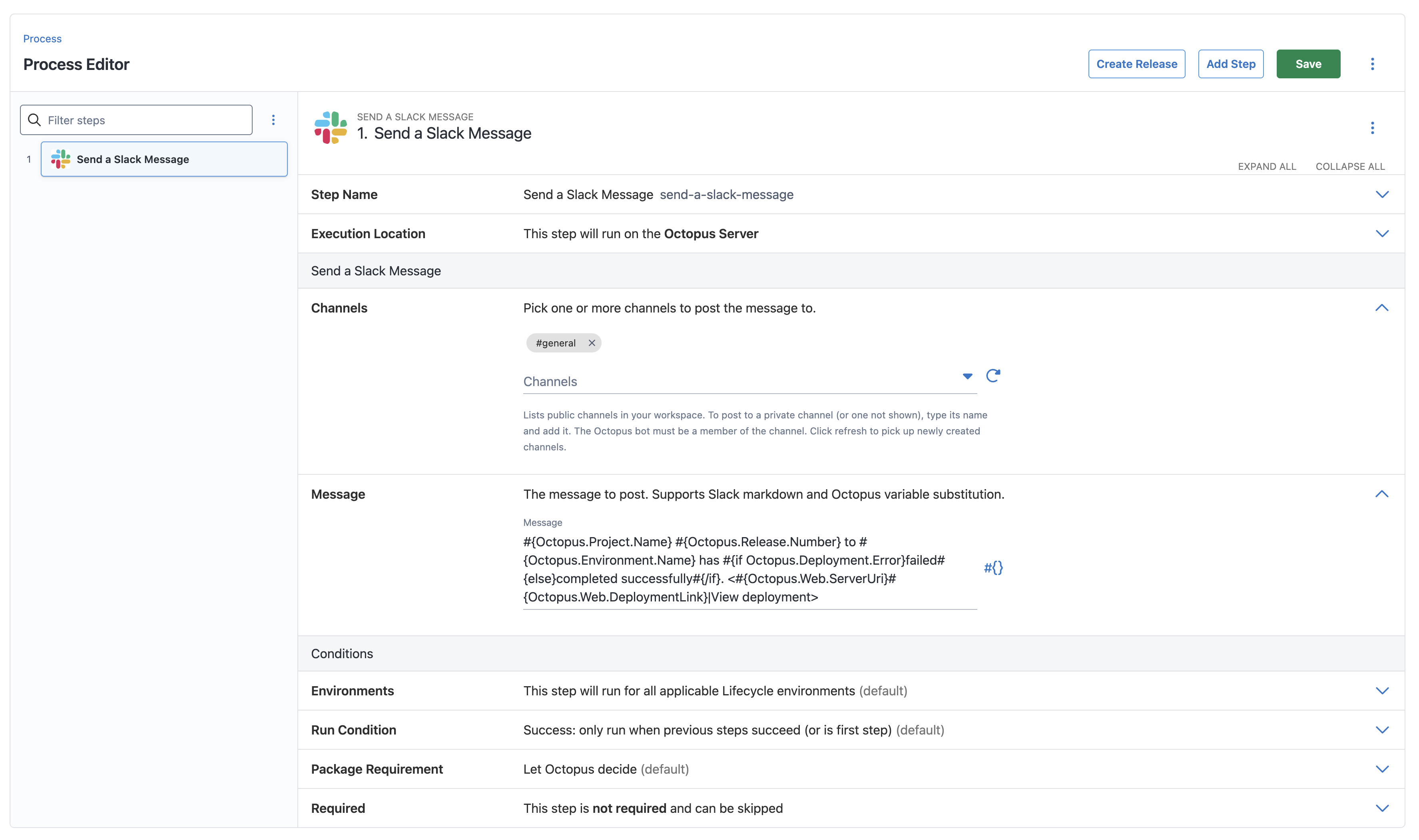 The Send a Slack Message step editor showing channel selection and message fields.