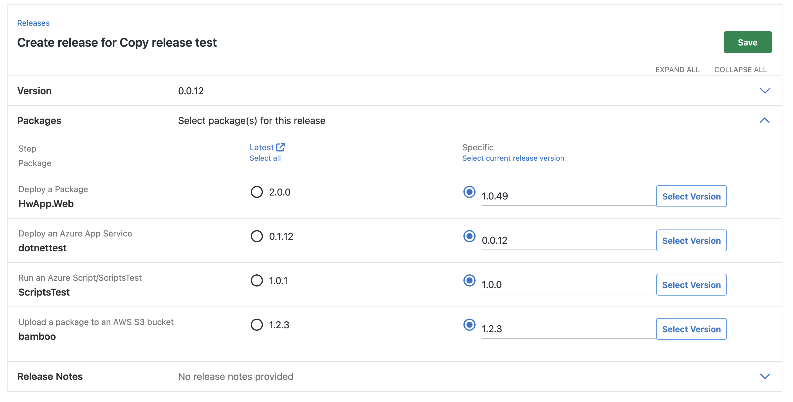 Screenshot of Octopus release page showing copied release with all existing package versions selected